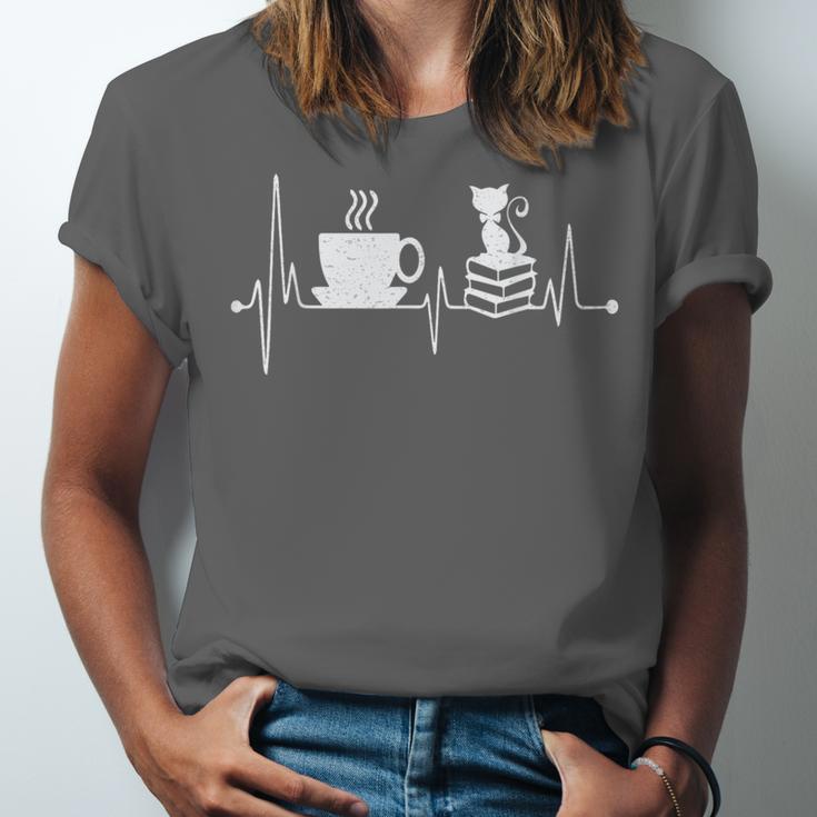 Cat Book Coffee Lover Heartbeat Cat Lover Book Lover Unisex Jersey T-Shirt