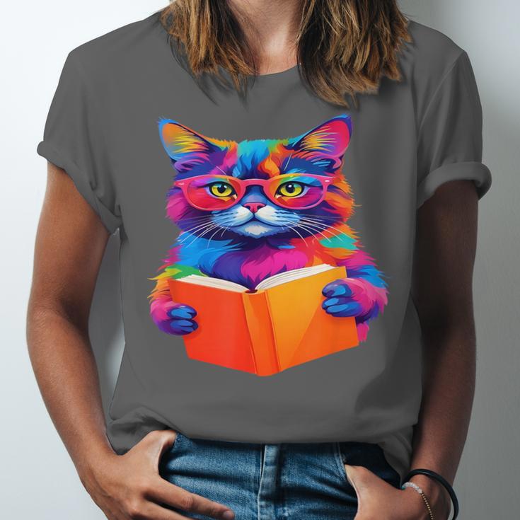 Cat Book Shirt Colorful Cat Reading Book Unisex Jersey T-Shirt
