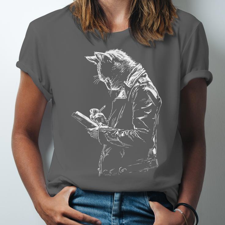 Cat Holds Book Writing Animal Print Motif Drawing Art Cat Unisex Jersey T-Shirt Cat Holds Book Writing Animal Print Motif Drawing Art Cat Unisex Jersey T-Shirt