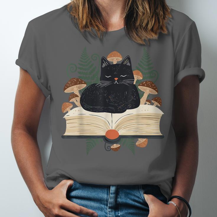 Cat On Open Book Mushrooms Ferns Dark Academia Unisex Jersey T-Shirt Cat On Open Book Mushrooms Ferns Dark Academia Unisex Jersey T-Shirt