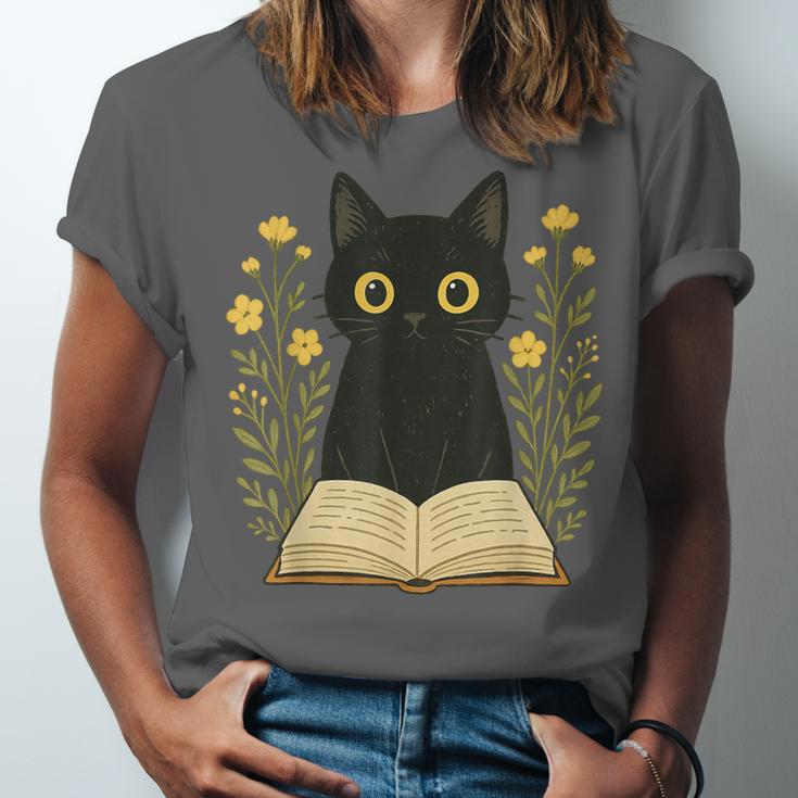 Cat Reading Book Flowers Unisex Jersey T-Shirt