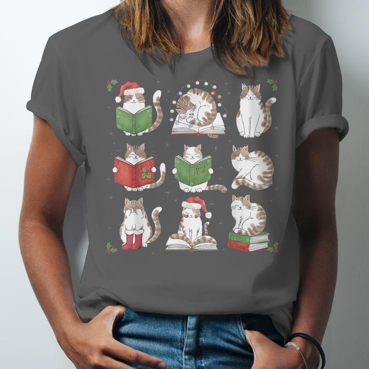 Cat Reading Book Funny Christmas Cat Book Lover Librarian Men Women Kids Unisex Jersey T-Shirt