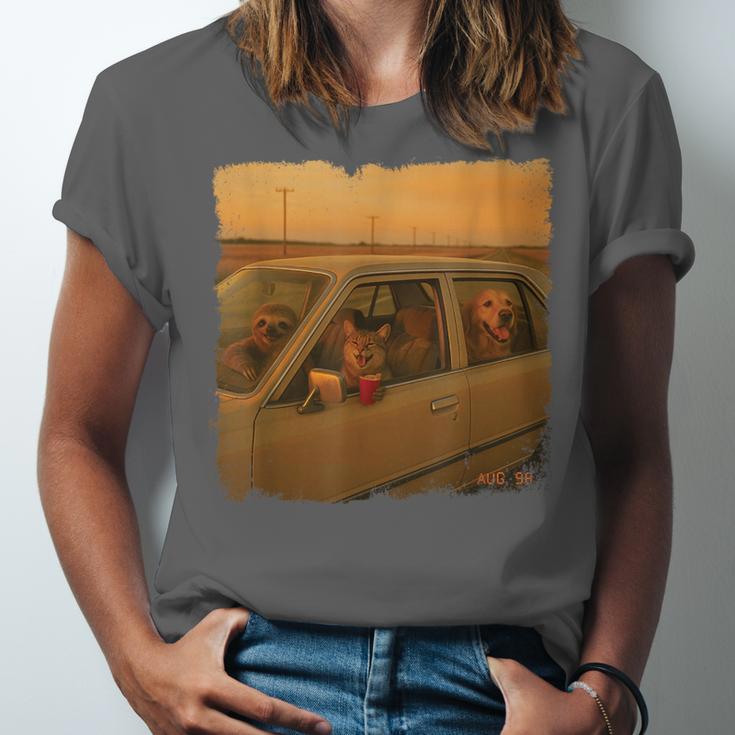 Cat Sloth Dog Retro Nostalgia Roadtrip Photo Unisex Jersey T-Shirt Cat Sloth Dog Retro Nostalgia Roadtrip Photo Unisex Jersey T-Shirt