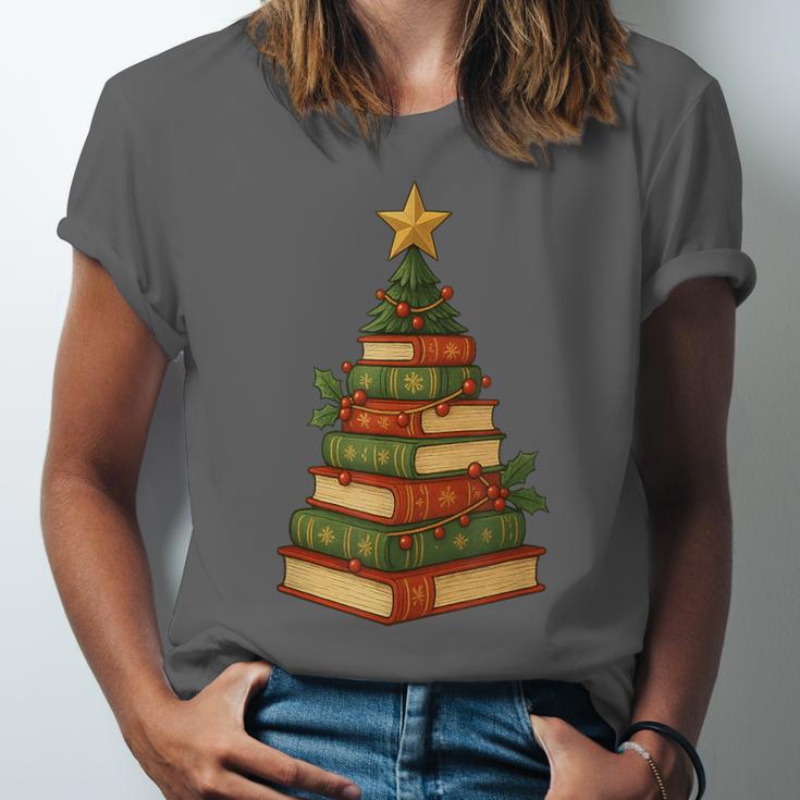 Christmas Book Tree Bookshelf Holiday For Readers Librarians Unisex Jersey T-Shirt