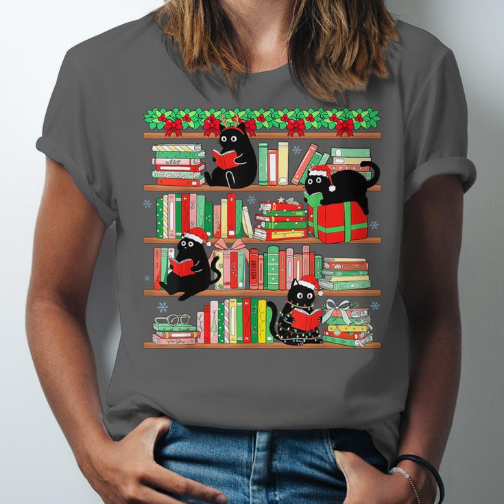 Christmas Cat Santa Bookshelves Book Lover Reader Unisex Jersey T-Shirt