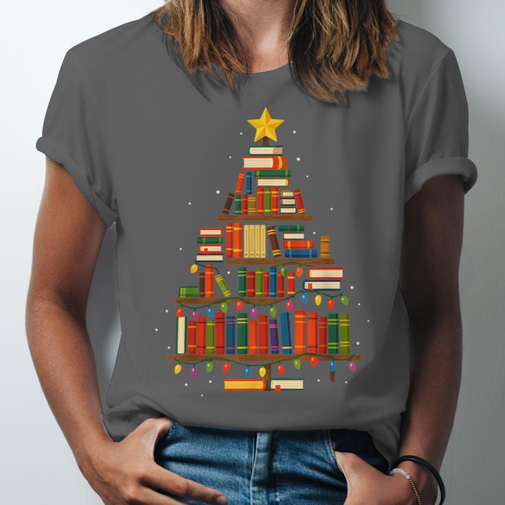 Christmas Tree Bookshelf Book Lover Library Men Women Kids Unisex Jersey T-Shirt