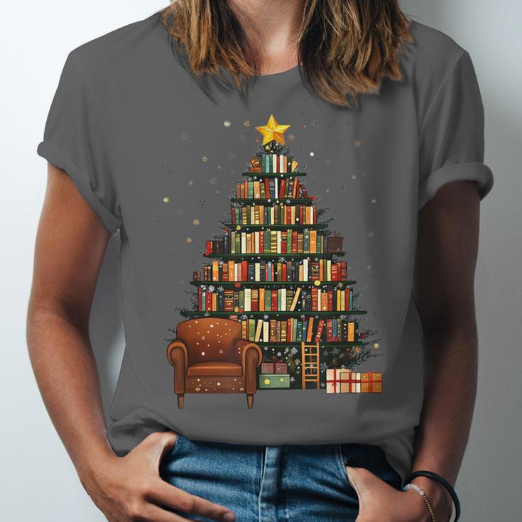 Christmas Tree Bookshelf Book Lover Library Unisex Jersey T-Shirt
