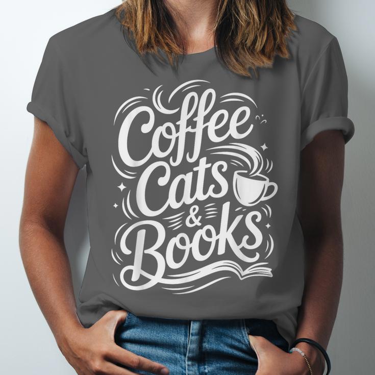 Coffee Cats & Books Reading Book Lover Reader Unisex Jersey T-Shirt Coffee Cats & Books Reading Book Lover Reader Unisex Jersey T-Shirt