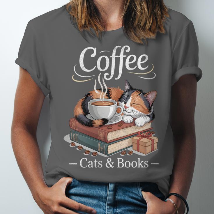 Coffee Cats And Books Cozy Calico Reader Love Cute Cat Unisex Jersey T-Shirt