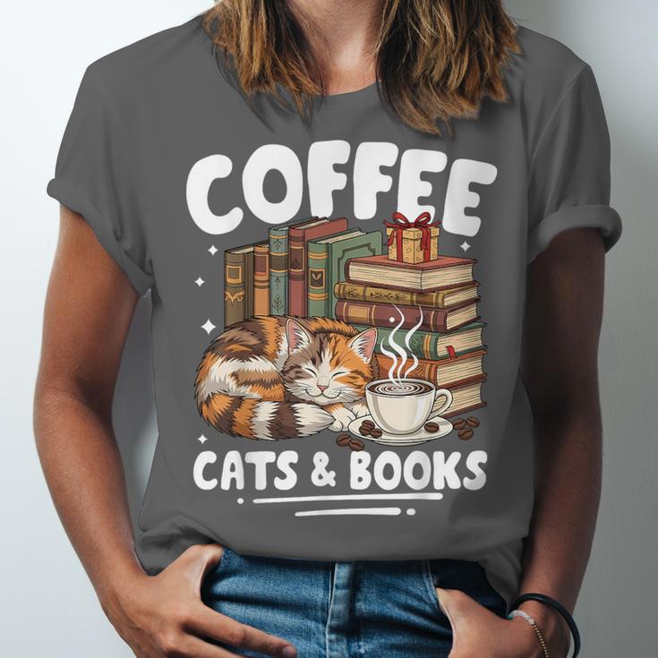 Coffee Cats And Books Cats And Reading Lovers Unisex Jersey T-Shirt