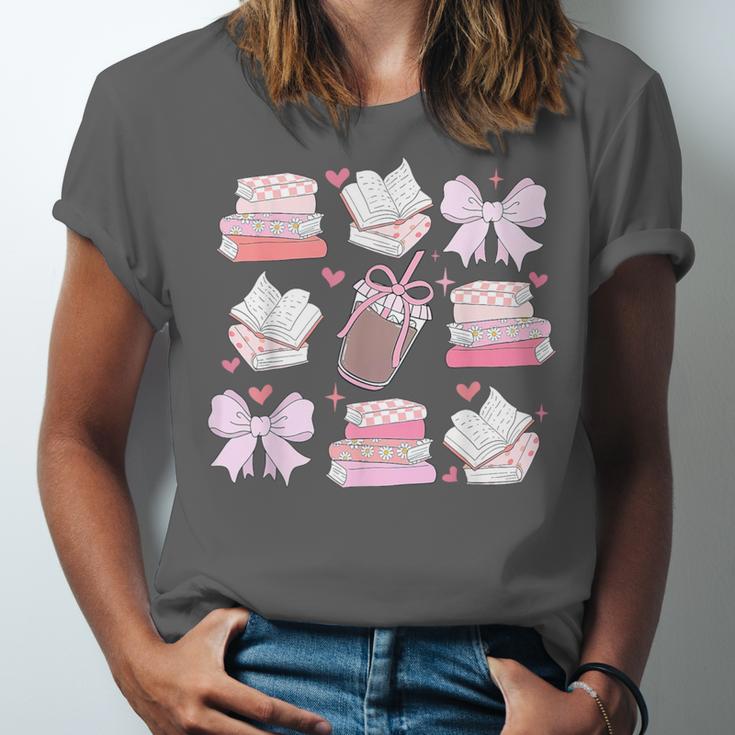 Coquette Bow Book Coffee Valentines Bookish Library Teacher Unisex Jersey T-Shirt
