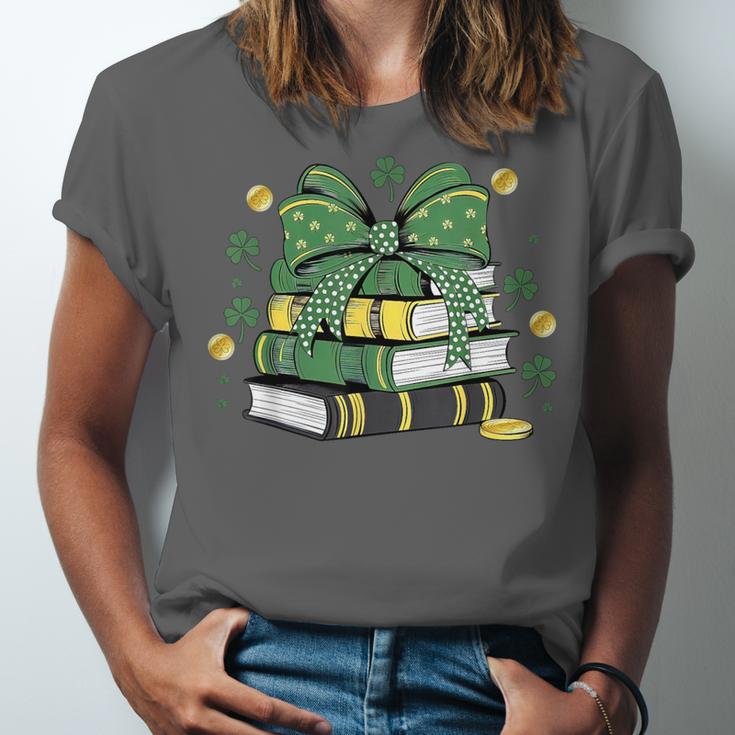 Coquette Bow Books St Patrick's Shamrock Bookworm Librarian Unisex Jersey T-Shirt