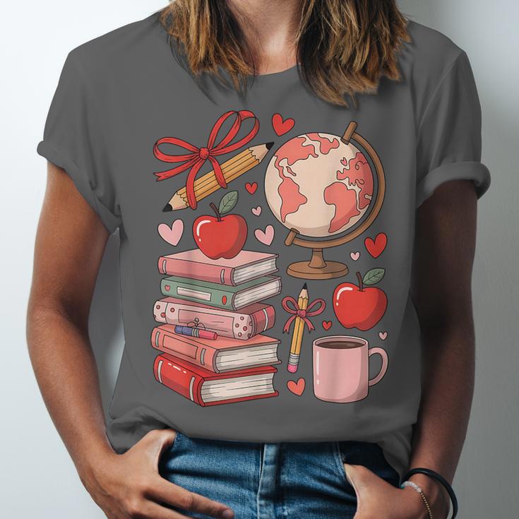 Coquette Teacher School Supplies Bows Books Globe Apple Cute Unisex Jersey T-Shirt Coquette Teacher School Supplies Bows Books Globe Apple Cute Unisex Jersey T-Shirt