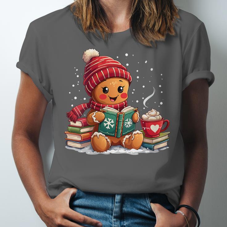 Cozy Gingerbread Christmas Reading Book Xmas Snowflakes Fall Unisex Jersey T-Shirt