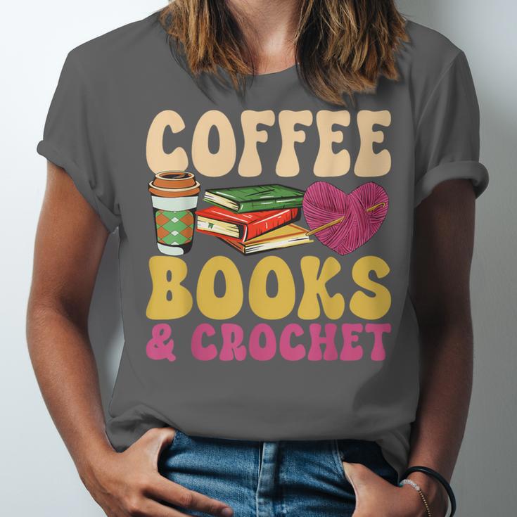 Crochet Coffee Reading Books Crocheter Crocheting Unisex Jersey T-Shirt