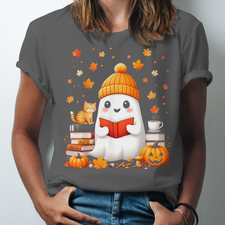 Cute Beanie Ghost Bookworm Cozy Book Reading Halloween Unisex Jersey T-Shirt Cute Beanie Ghost Bookworm Cozy Book Reading Halloween Unisex Jersey T-Shirt