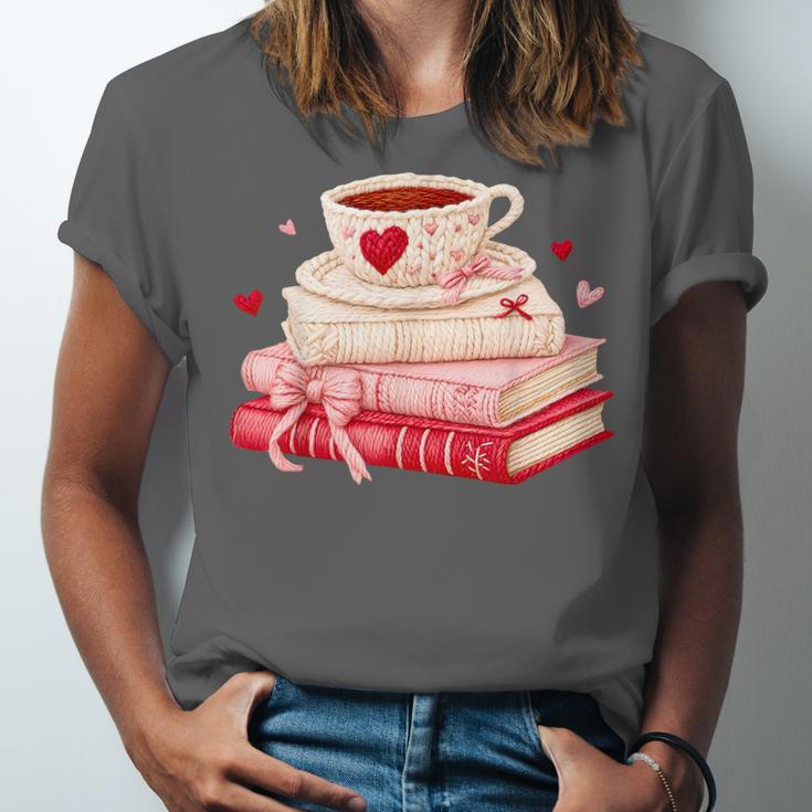 Cute Books And Coffee Crochet Valentines Day Tee For Couples Unisex Jersey T-Shirt