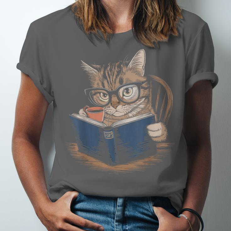 Cute Cat Reading Books With Tea Unisex Jersey T-Shirt Cute Cat Reading Books With Tea Unisex Jersey T-Shirt