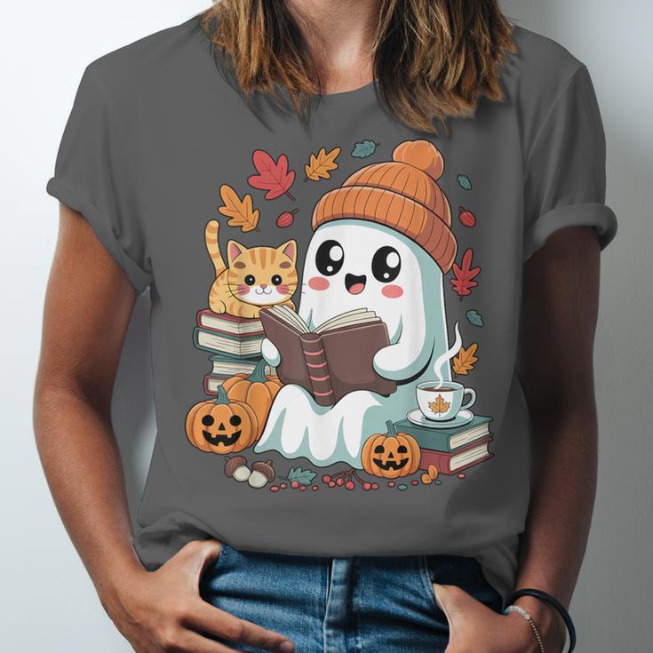 Cute Cozy Ghost Reading With Cat Book Lover Autumn Fall Unisex Jersey T-Shirt