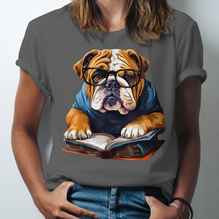 Cute Dog English Bulldog Reading Book Unisex Jersey T-Shirt