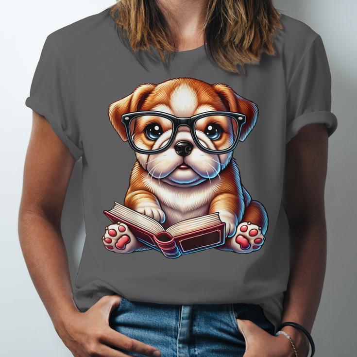 Cute Dog Puppy English Bulldog Reading Book Unisex Jersey T-Shirt Cute Dog Puppy English Bulldog Reading Book Unisex Jersey T-Shirt