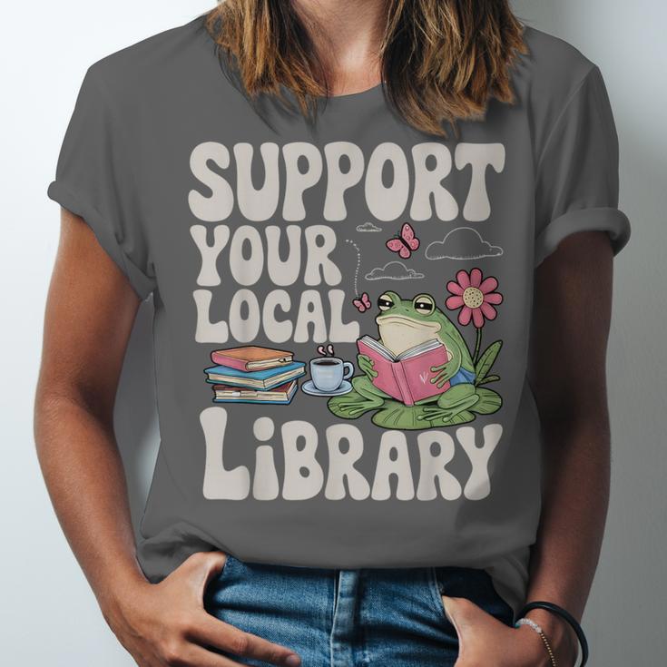 Cute Frog Support Your Local Library Librarian Book Lover Unisex Jersey T-Shirt