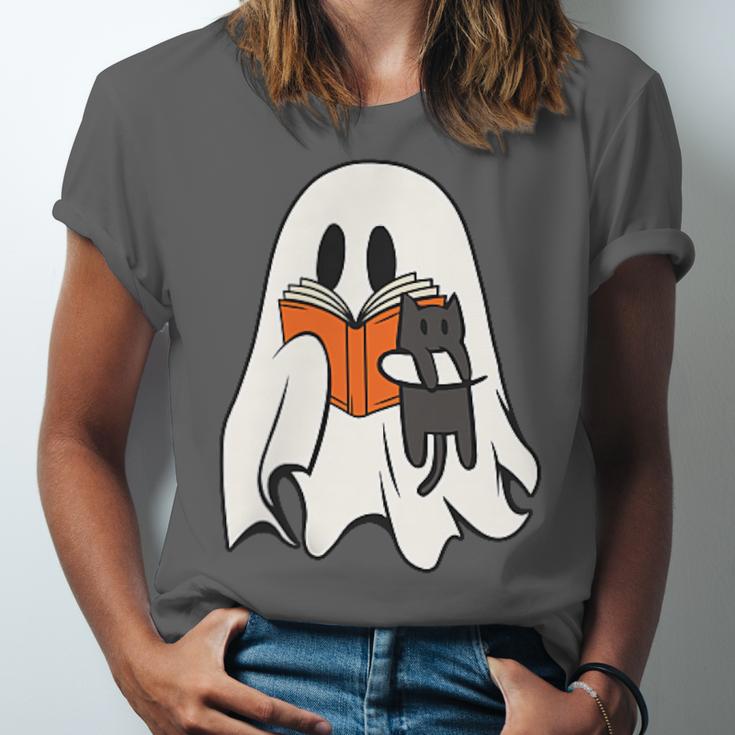 Cute Ghost Cat Reading Book Spooky Season Halloween Costume Unisex Jersey T-Shirt