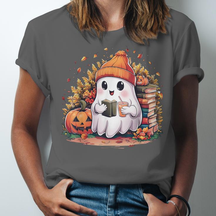 Cute Ghost Drinking Coffee Halloween Reading Book Retro Unisex Jersey T-Shirt