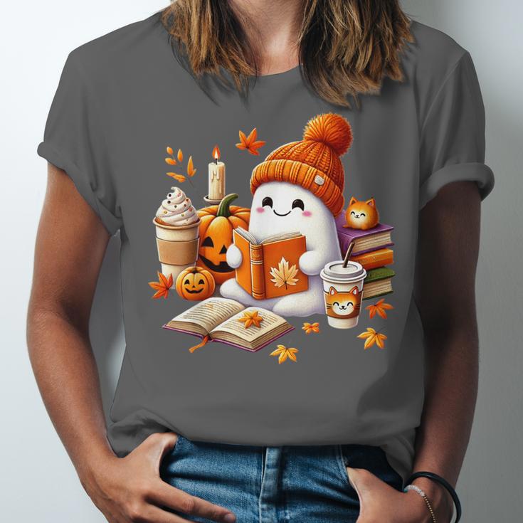 Cute Ghost Reading Book Lovers Halloween Pumpkin Women Girls Unisex Jersey T-Shirt Cute Ghost Reading Book Lovers Halloween Pumpkin Women Girls Unisex Jersey T-Shirt