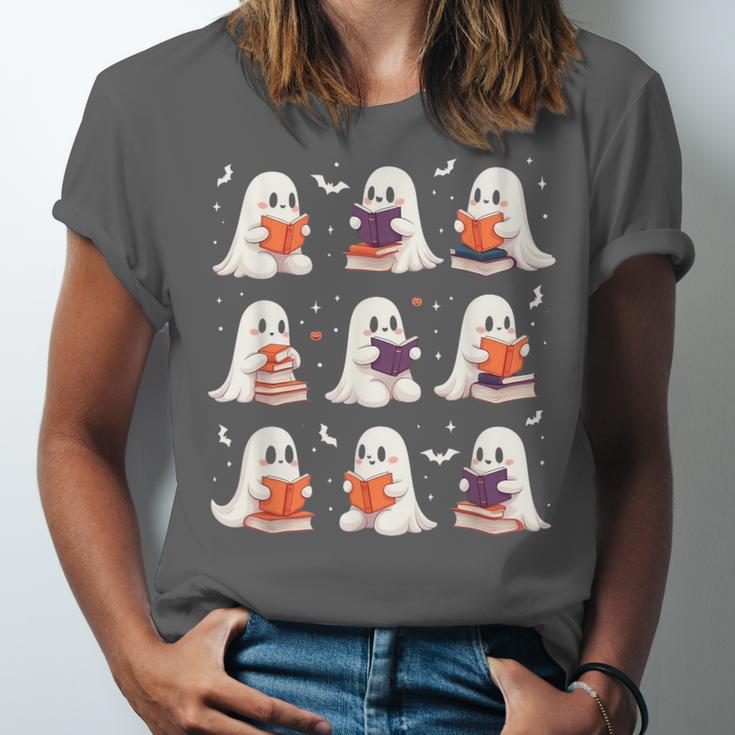 Cute Ghost Reading Book Lovers Halloween Ghost Unisex Jersey T-Shirt