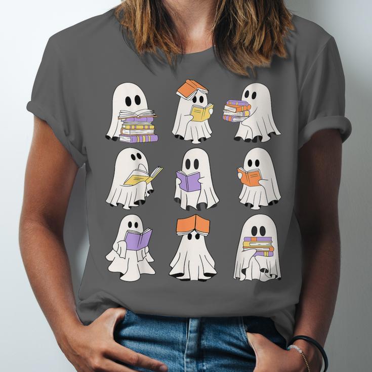Cute Ghost Reading Books Teacher Halloween Reading Men Women Kids Unisex Jersey T-Shirt