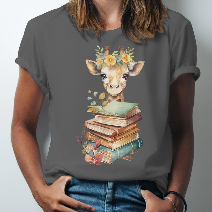 Cute Giraffe With Book Floral Bookworm Librarian Book Lover Unisex Jersey T-Shirt
