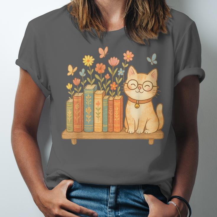 Cute Kawaii Cat Books Flowers Unisex Jersey T-Shirt