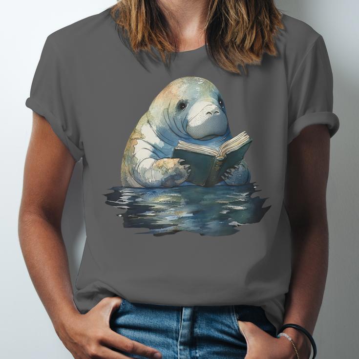 Cute Manatee Reading Book Bookworm Readers Manatee Lover Unisex Jersey T-Shirt Cute Manatee Reading Book Bookworm Readers Manatee Lover Unisex Jersey T-Shirt