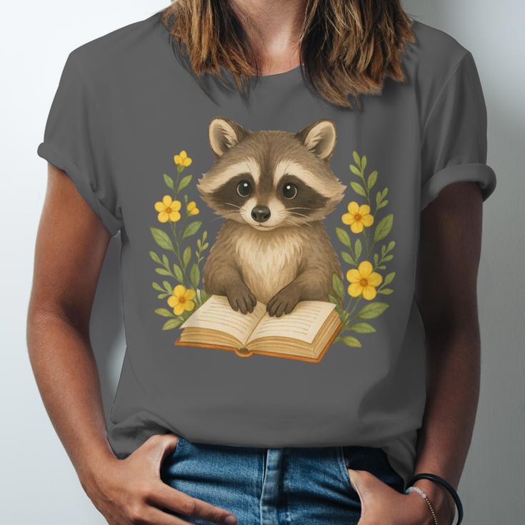 Cute Raccoon Reading Book Flowers Floral Unisex Jersey T-Shirt Cute Raccoon Reading Book Flowers Floral Unisex Jersey T-Shirt