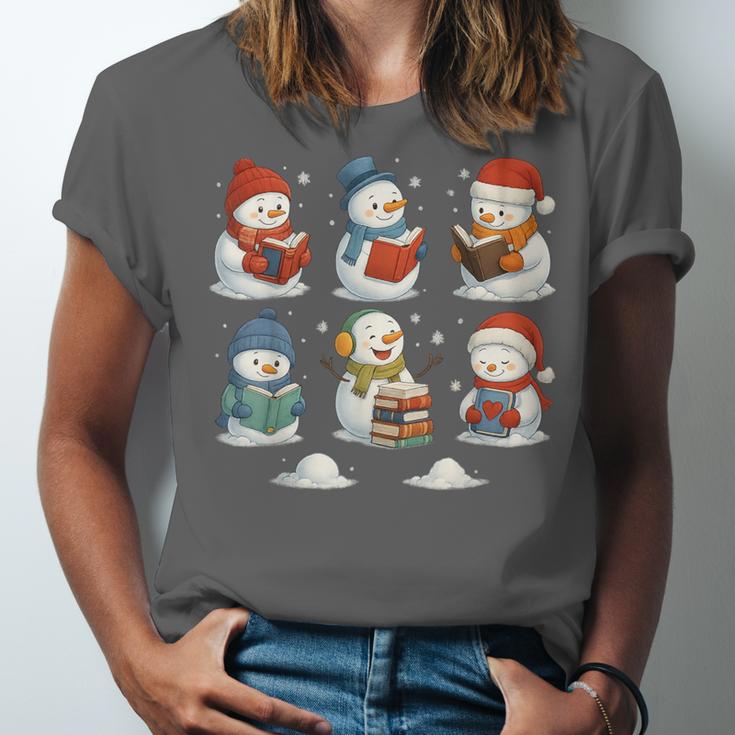 Cute Snowman Reading Books Christmas Winter Book Lover Unisex Jersey T-Shirt