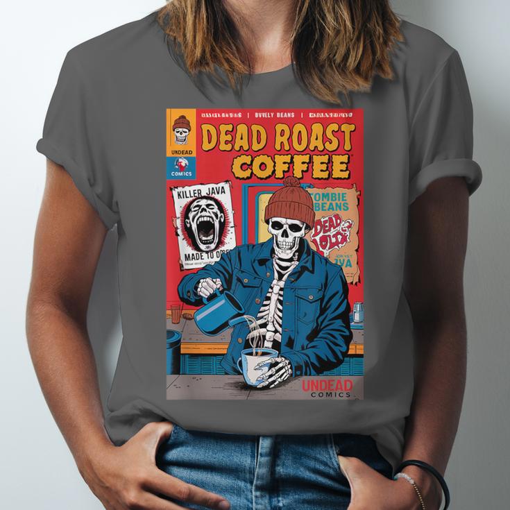 Dead Roast Coffee Comic Book Cover Style Skeleton Barista Unisex Jersey T-Shirt