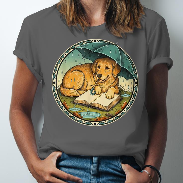 Dog Reading Book Rain Cozy Umbrella Cute Art Men Unisex Jersey T-Shirt Dog Reading Book Rain Cozy Umbrella Cute Art Men Unisex Jersey T-Shirt