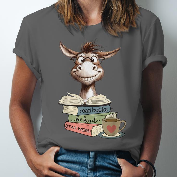 Donkey Reading Book Read Books Be Kind Stay Weird Librarian Unisex Jersey T-Shirt