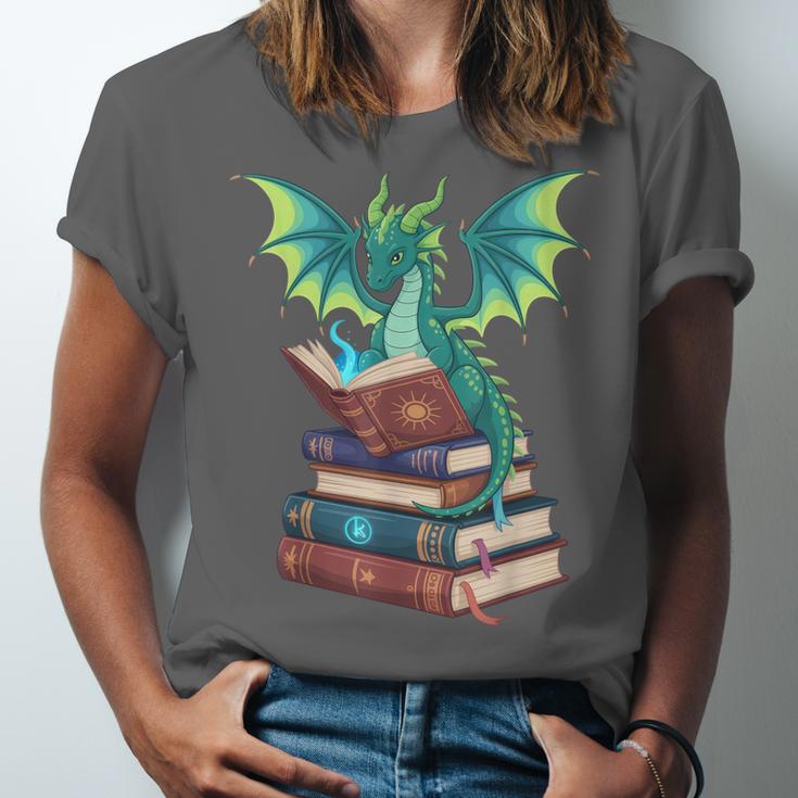 Dragon Reading Books Fantasy Lovers Mythical Creatures Unisex Jersey T-Shirt