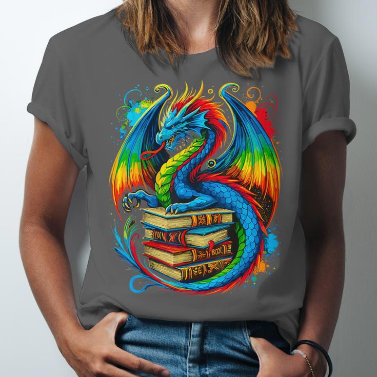Dragon Reading Colorful Fantasy Book Lover Unisex Jersey T-Shirt