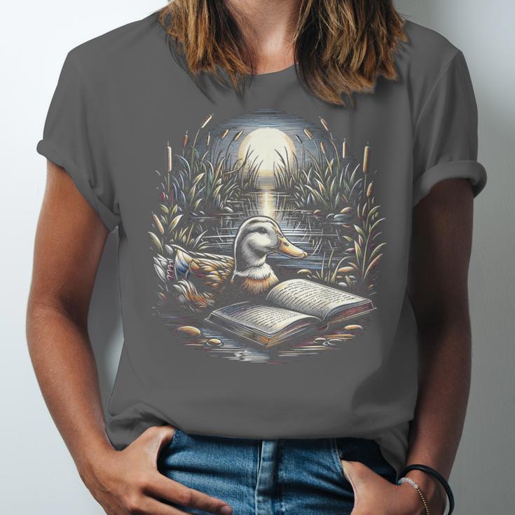 Duck Reading Book Full Moon Lake Scenery Unisex Jersey T-Shirt