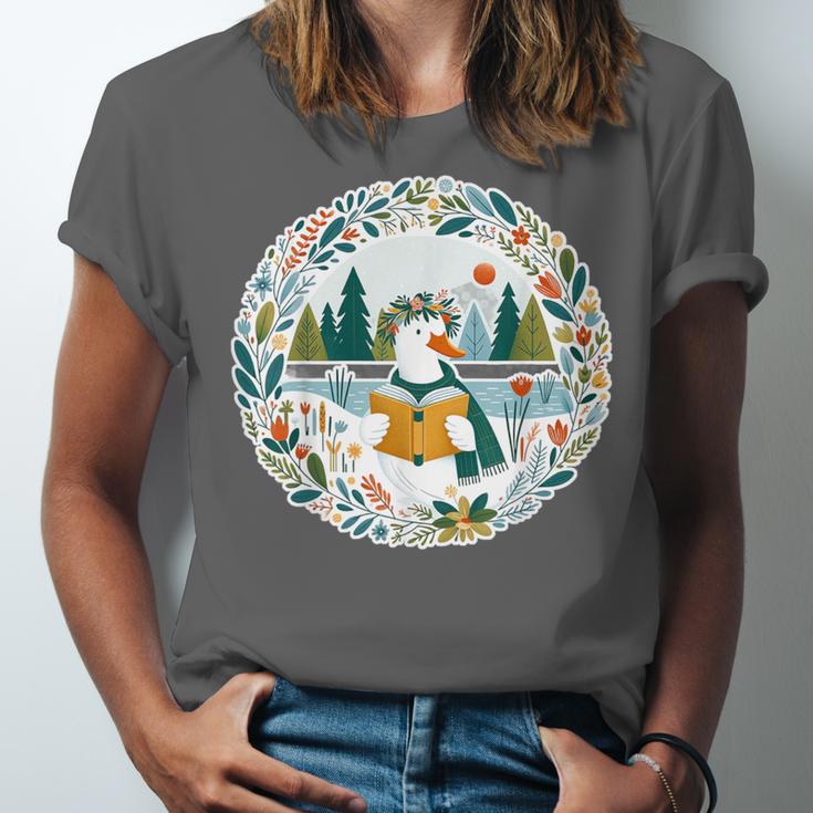 Duck Wilderness Book Reading Illustration Floral Unisex Jersey T-Shirt