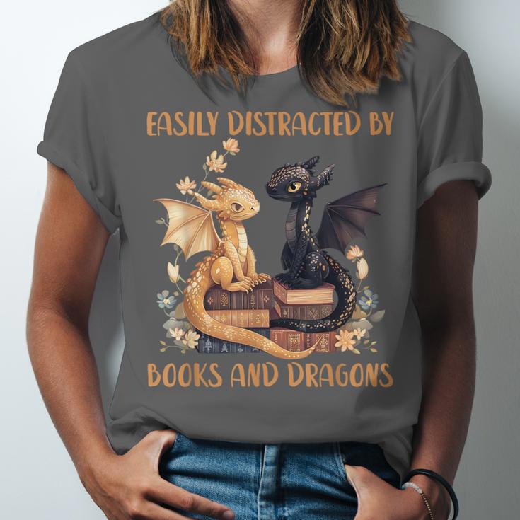 Easily Distracted By Books & Dragons Librarian Book Lover Unisex Jersey T-Shirt Easily Distracted By Books & Dragons Librarian Book Lover Unisex Jersey T-Shirt