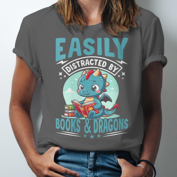 Easily Distracted By Books And Dragons Nerds Unisex Jersey T-Shirt