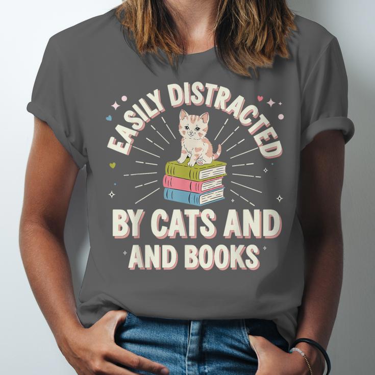 Easily Distracted By Cats & Books Tee Reader Book Worm Unisex Jersey T-Shirt