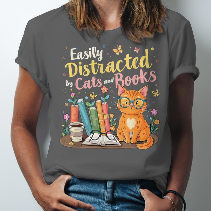 Easily Distracted By Cats And Books Book & Cat Lover Unisex Jersey T-Shirt Easily Distracted By Cats And Books Book & Cat Lover Unisex Jersey T-Shirt