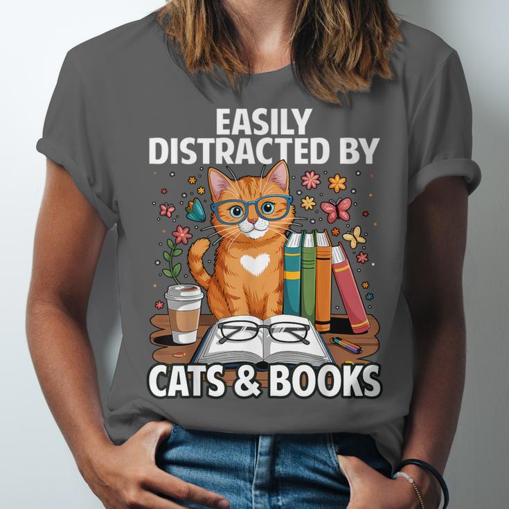 Easily Distracted By Cats And Books Book Lover Cat Unisex Jersey T-Shirt