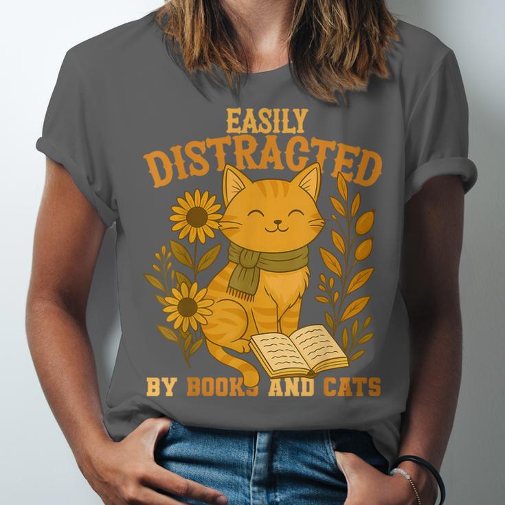 Easily Distracted By Cats And Books Cute Cat Book Lover Unisex Jersey T-Shirt