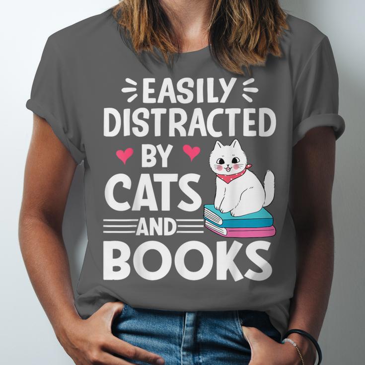 Easily Distracted By Cats And Books Cute Cat And Book Lovers Unisex Jersey T-Shirt